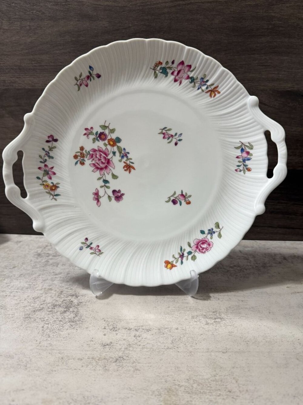 Bernardaud Lowestoft Limoges France 12" Handled Cake Plate Floral Discontinued